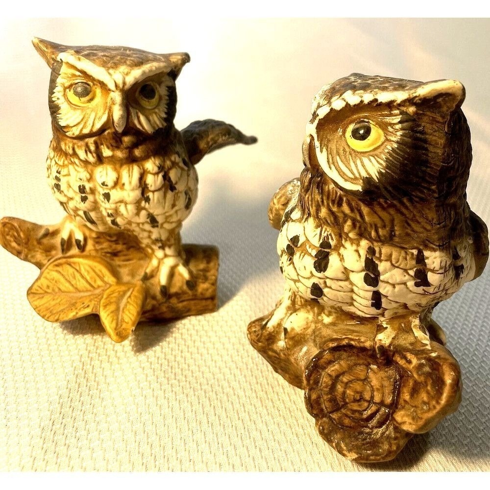 Log Figurines Porcelain 2 Vintage Homco Home Interiors Owls #1114